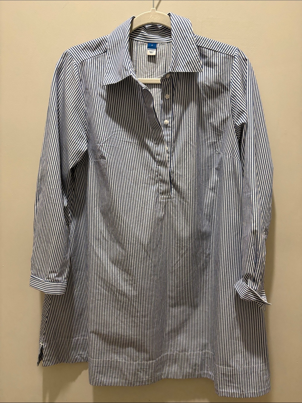 Women's Blue and White Striped Popover Shirt Dress with pockets